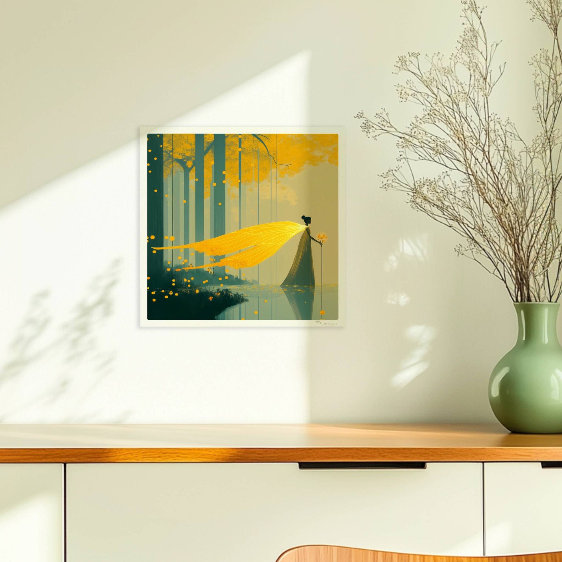 Fantasie-Fee mit leuchtenden Schmetterlingsflügeln steht im märchenhaften, goldgelben Wald am Wasser.. Ohne Rahmen 30x30