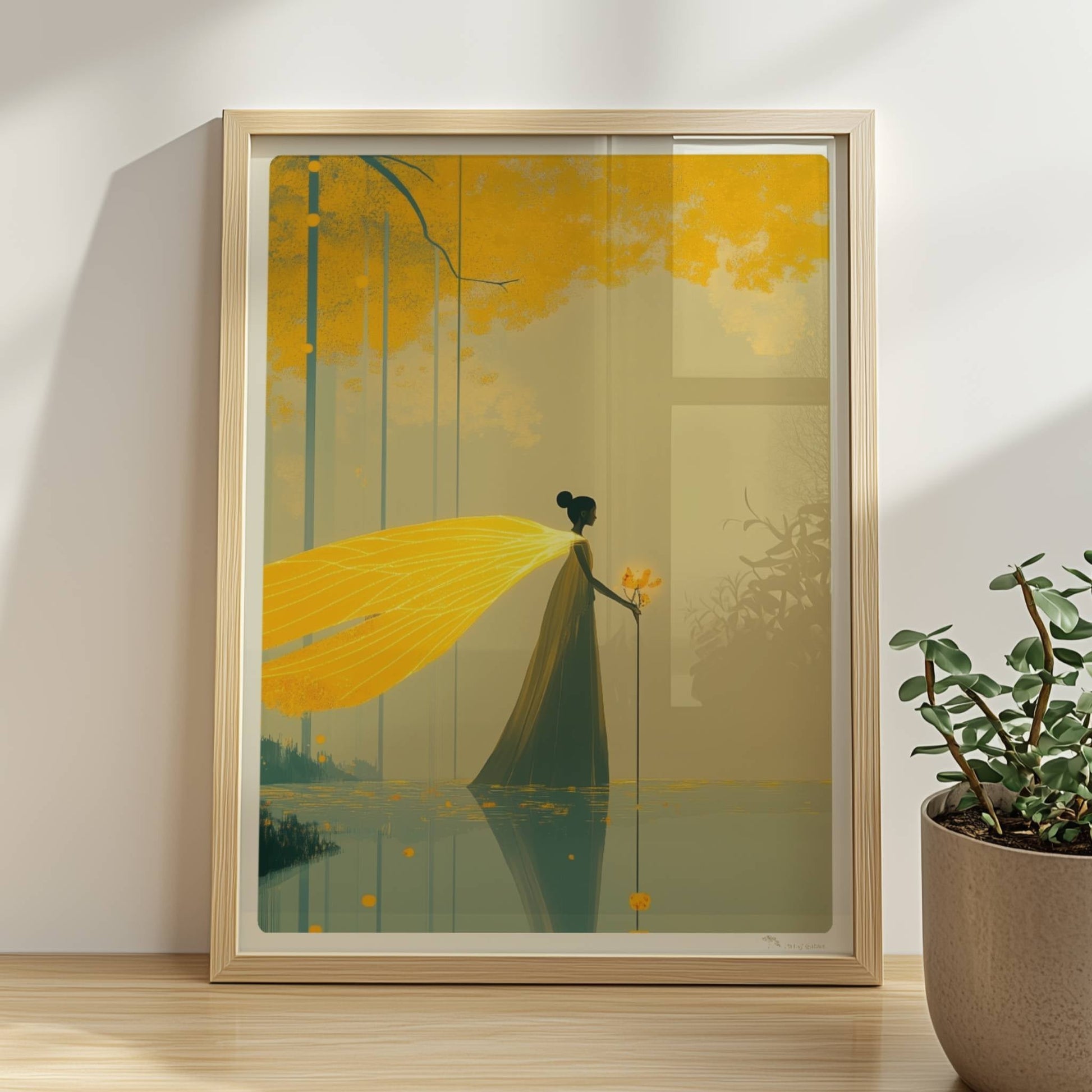 Fantasie-Fee mit leuchtenden Schmetterlingsflügeln steht im märchenhaften, goldgelben Wald am Wasser.. Rahmen natur 30x40