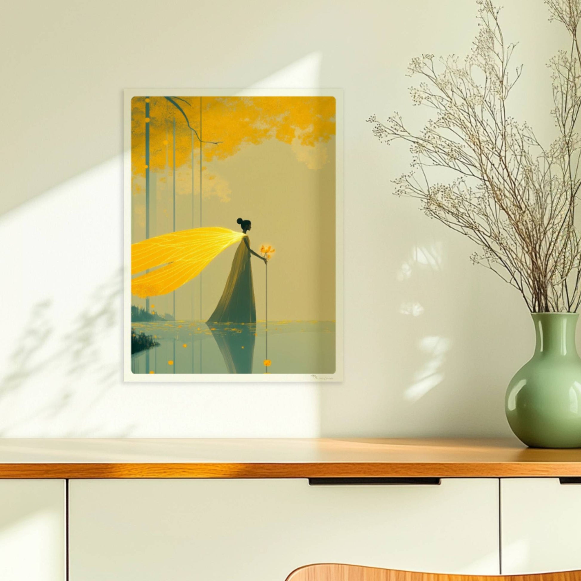 Fantasie-Fee mit leuchtenden Schmetterlingsflügeln steht im märchenhaften, goldgelben Wald am Wasser.. Ohne Rahmen 30x40