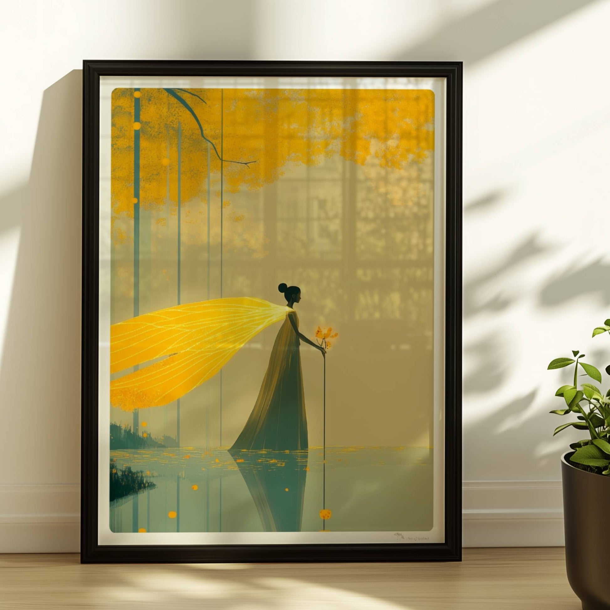 Fantasie-Fee mit leuchtenden Schmetterlingsflügeln steht im märchenhaften, goldgelben Wald am Wasser.. Rahmen schwarz 30x40
