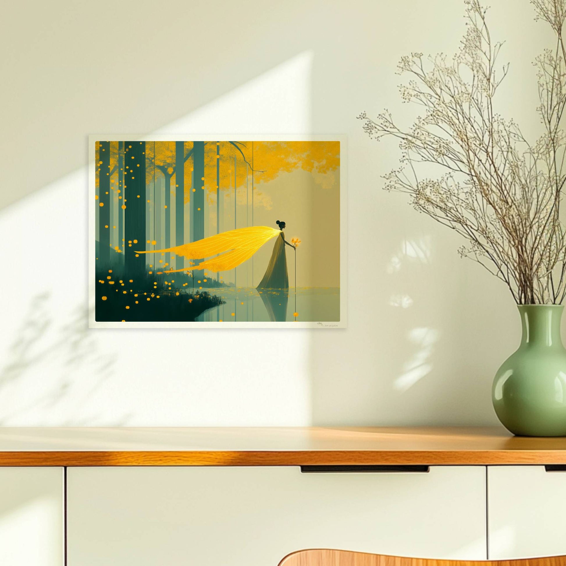 Fantasie-Fee mit leuchtenden Schmetterlingsflügeln steht im märchenhaften, goldgelben Wald am Wasser.. Ohne Rahmen 40x30