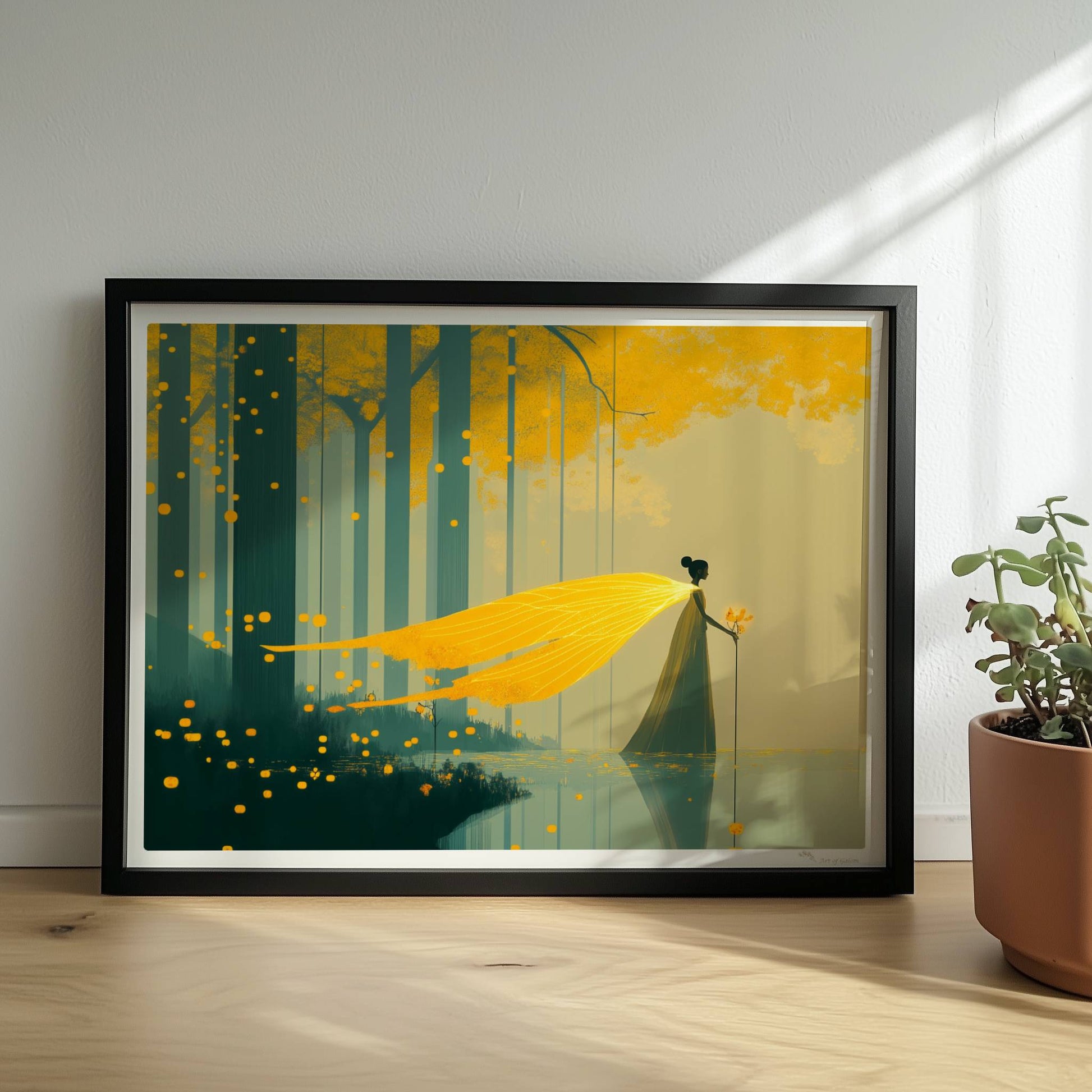 Fantasie-Fee mit leuchtenden Schmetterlingsflügeln steht im märchenhaften, goldgelben Wald am Wasser.. Rahmen schwarz 40x30