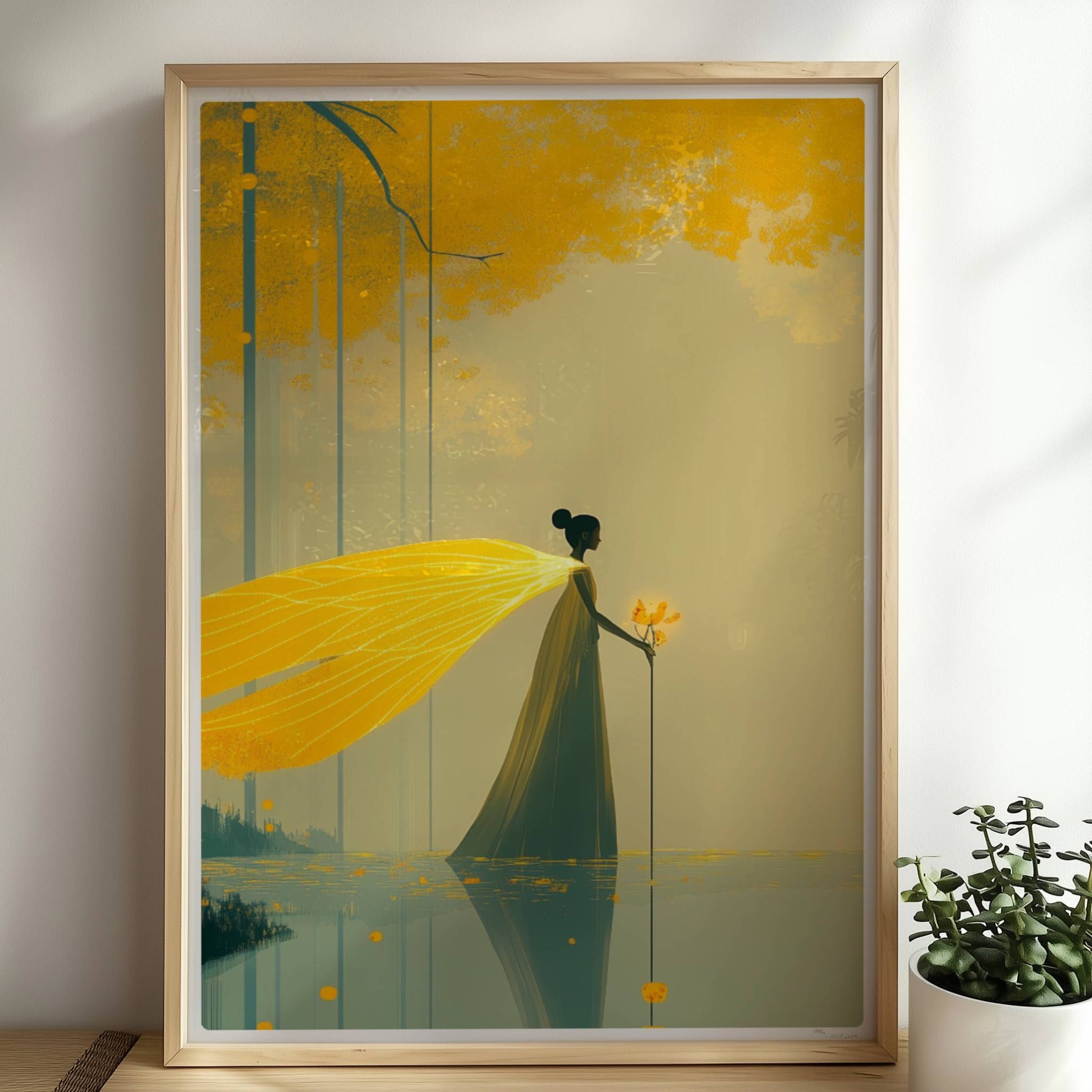 Fantasie-Fee mit leuchtenden Schmetterlingsflügeln steht im märchenhaften, goldgelben Wald am Wasser.. Rahmen natur 50x70