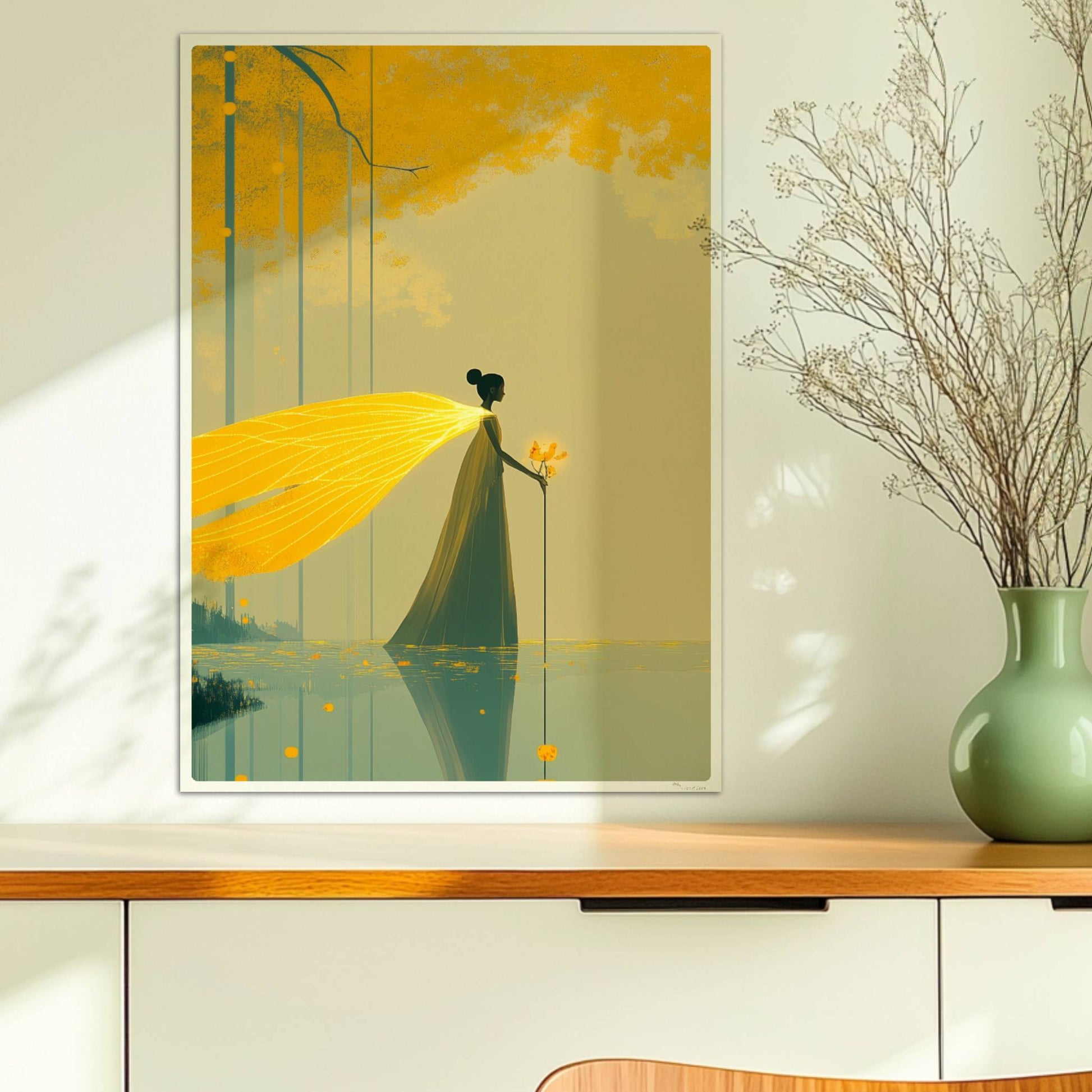 Fantasie-Fee mit leuchtenden Schmetterlingsflügeln steht im märchenhaften, goldgelben Wald am Wasser.. Ohne Rahmen 50x70