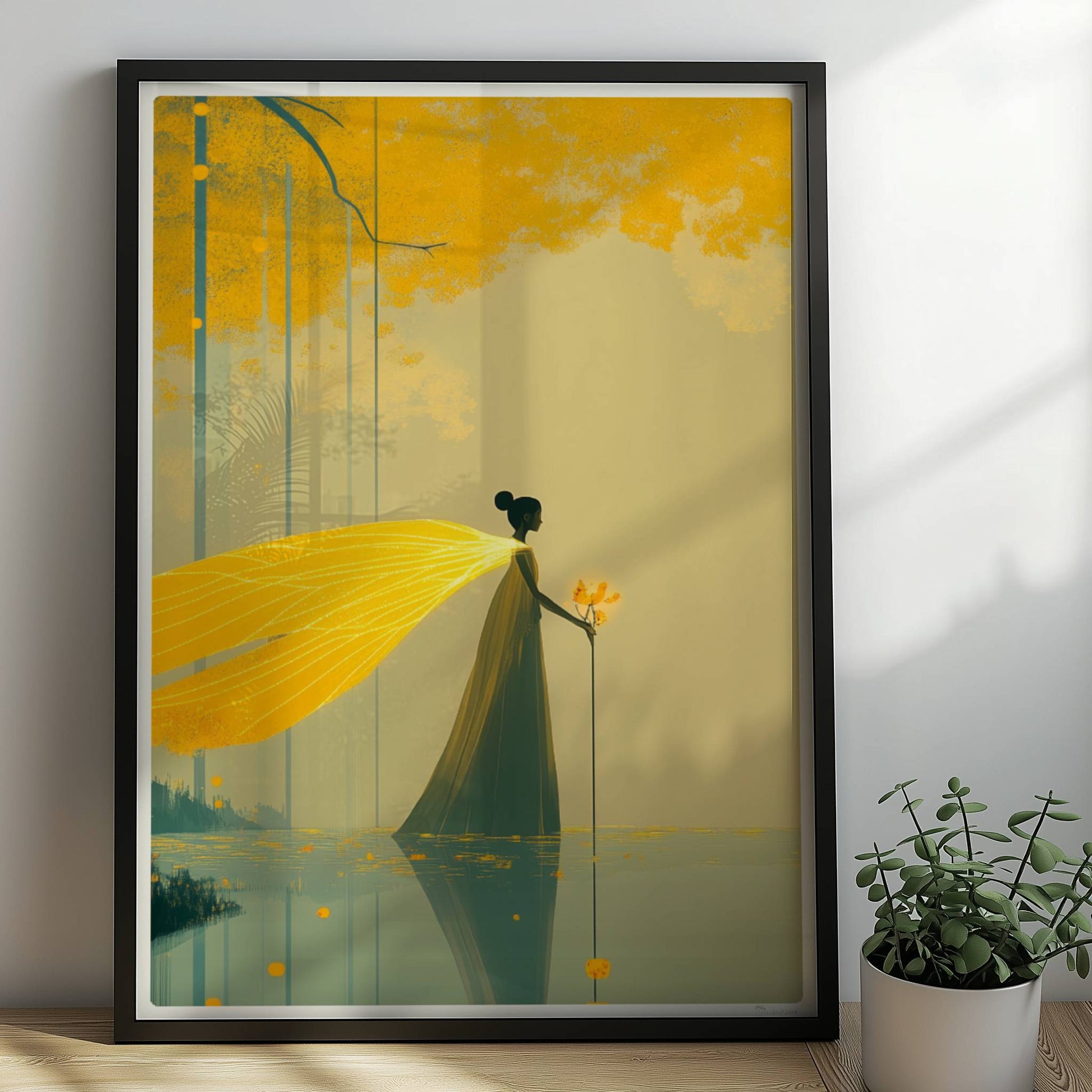 Fantasie-Fee mit leuchtenden Schmetterlingsflügeln steht im märchenhaften, goldgelben Wald am Wasser.. Rahmen schwarz 50x70