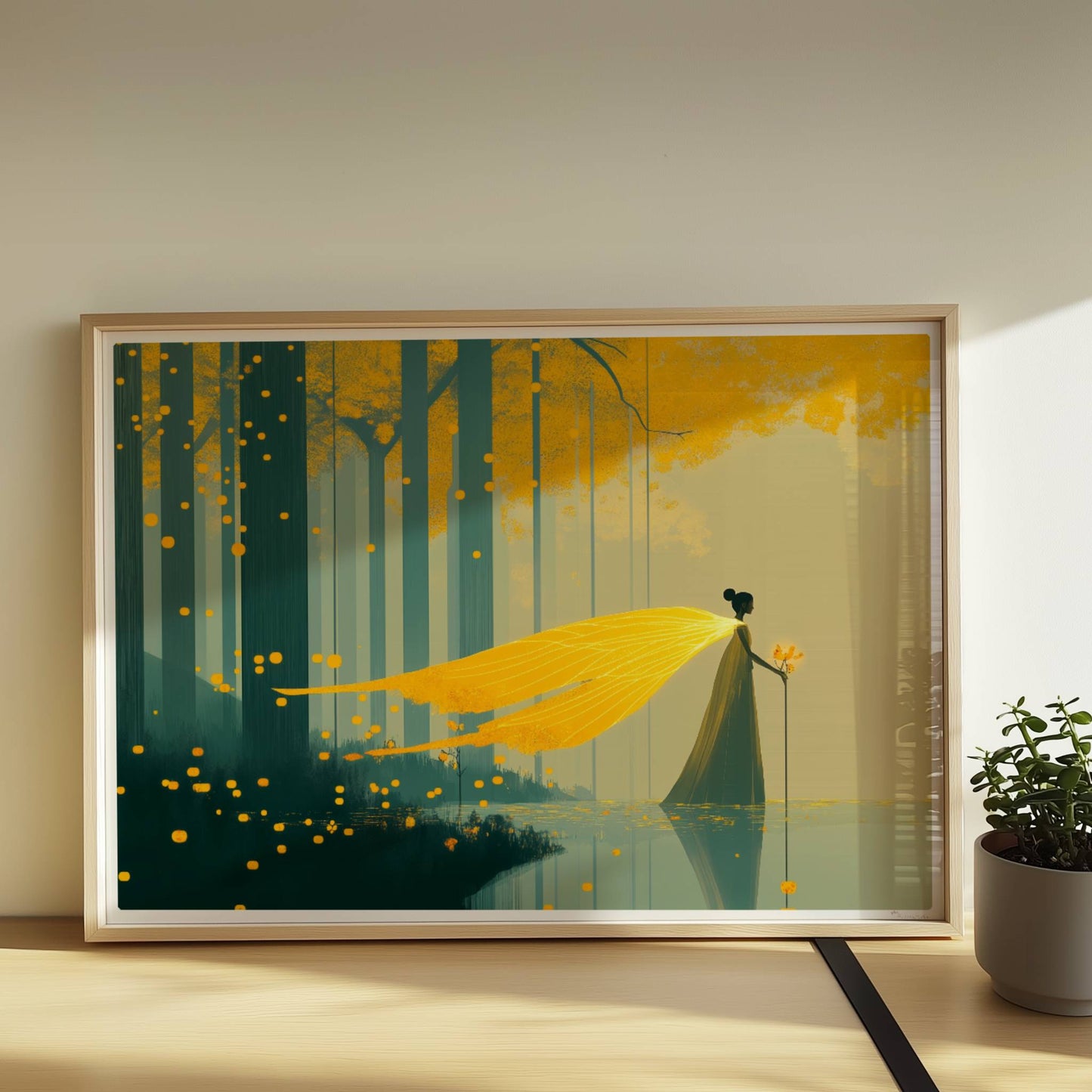 Fantasie-Fee mit leuchtenden Schmetterlingsflügeln steht im märchenhaften, goldgelben Wald am Wasser.. Rahmen natur 70x50