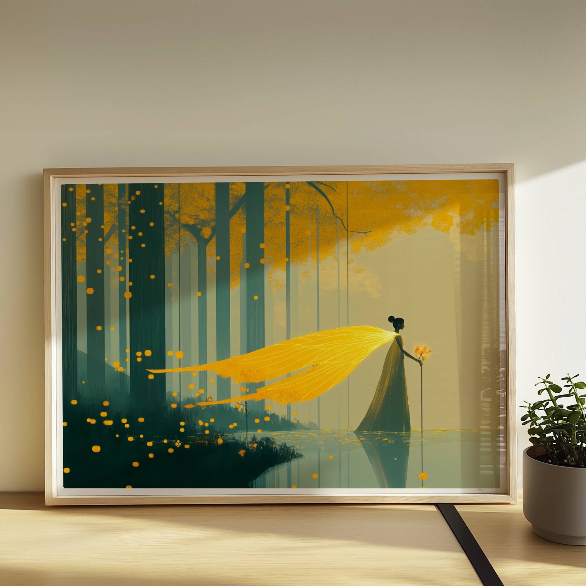 Fantasie-Fee mit leuchtenden Schmetterlingsflügeln steht im märchenhaften, goldgelben Wald am Wasser.. Rahmen natur 70x50