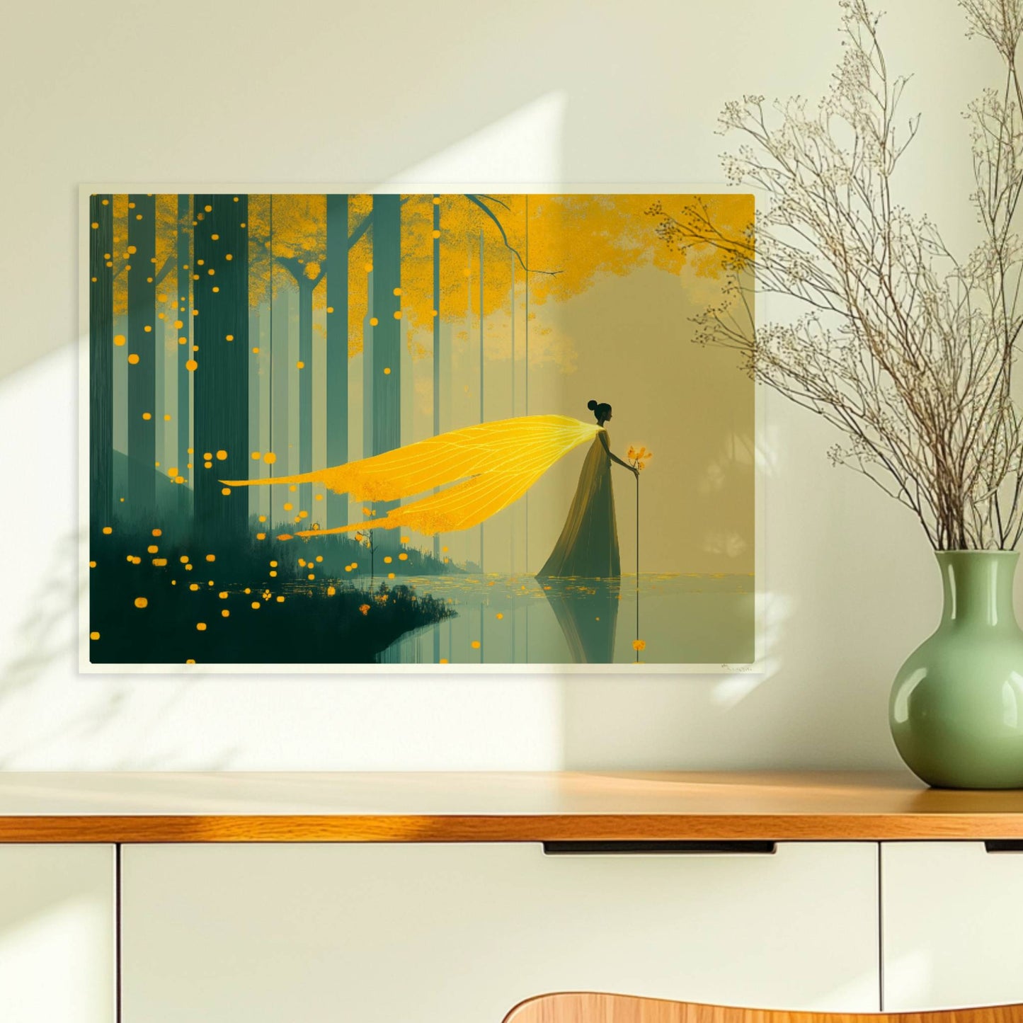 Fantasie-Fee mit leuchtenden Schmetterlingsflügeln steht im märchenhaften, goldgelben Wald am Wasser.. Ohne Rahmen 70x50