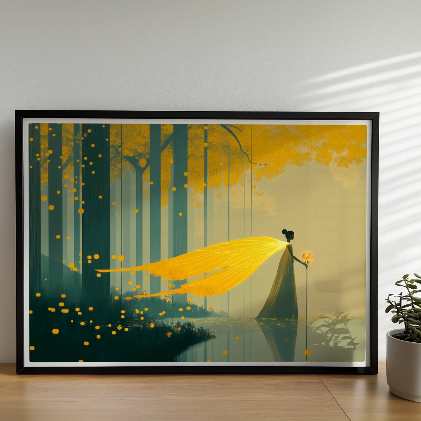 Fantasie-Fee mit leuchtenden Schmetterlingsflügeln steht im märchenhaften, goldgelben Wald am Wasser.. Rahmen schwarz 70x50