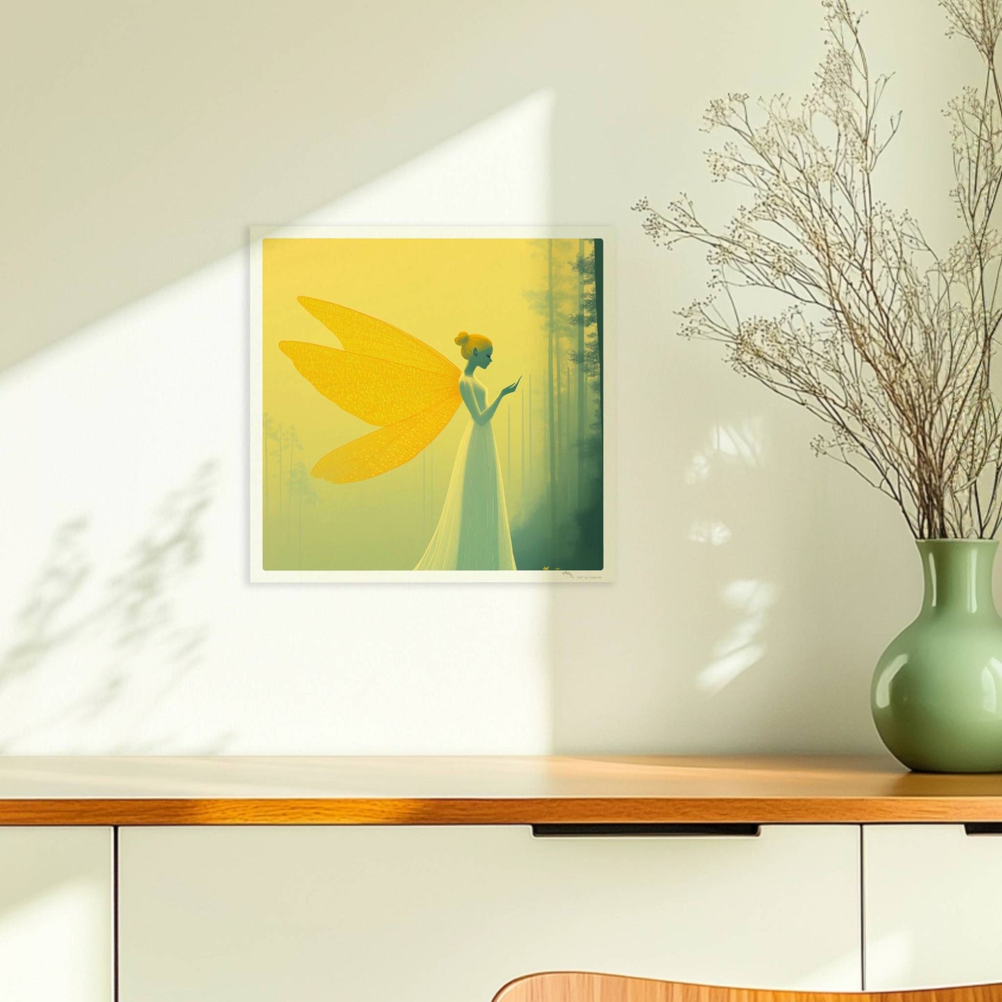 Fee mit großen, goldenen Schmetterlingsflügeln in einem mystischen gelben Wald, elegant und verträumt, im Profil stehend.. Ohne Rahmen 30x30