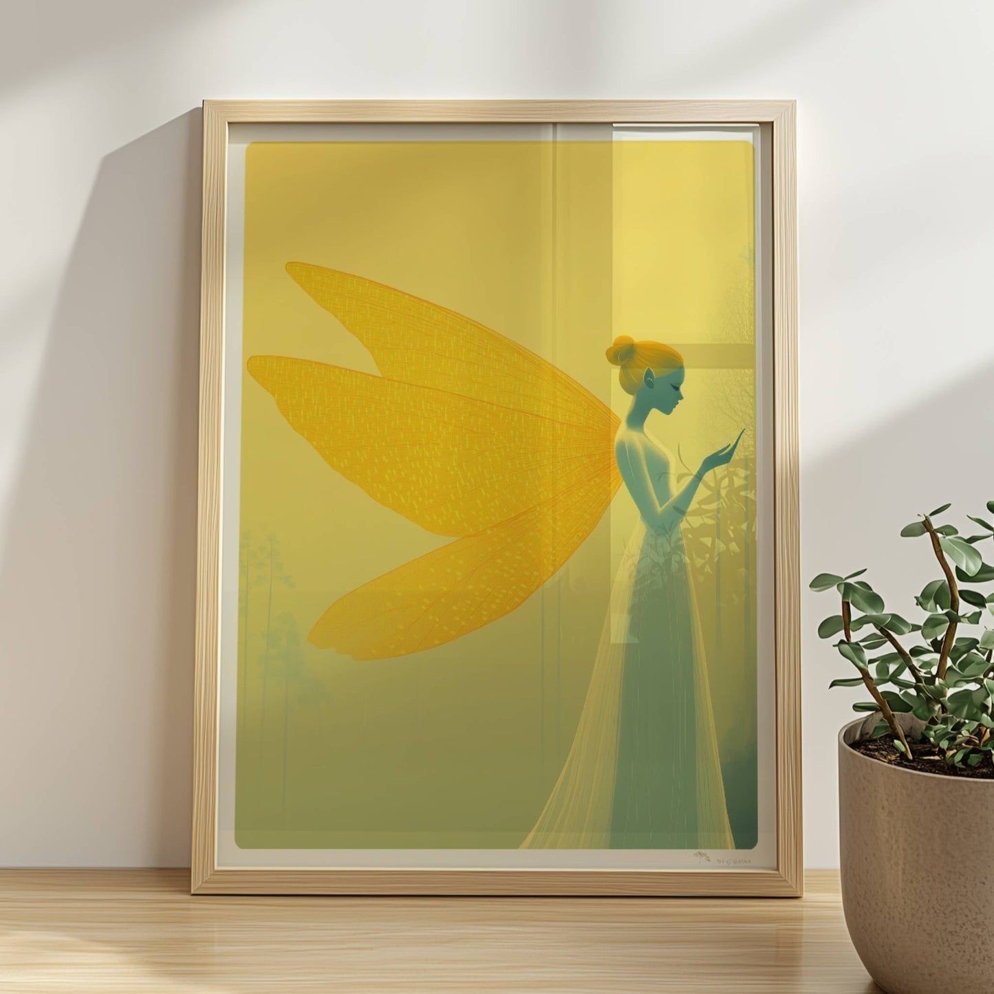 Fee mit großen, goldenen Schmetterlingsflügeln in einem mystischen gelben Wald, elegant und verträumt, im Profil stehend.. Rahmen natur 30x40