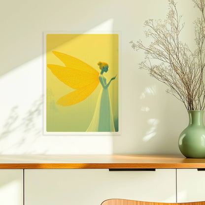 Fee mit großen, goldenen Schmetterlingsflügeln in einem mystischen gelben Wald, elegant und verträumt, im Profil stehend.. Ohne Rahmen 30x40