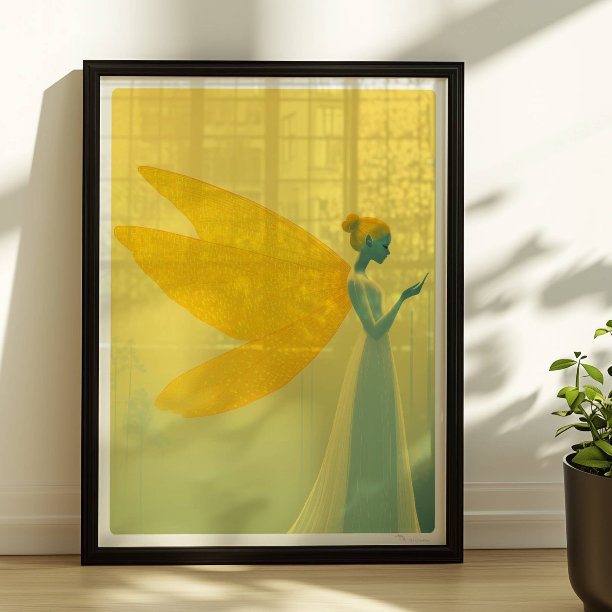 Fee mit großen, goldenen Schmetterlingsflügeln in einem mystischen gelben Wald, elegant und verträumt, im Profil stehend.. Rahmen schwarz 30x40