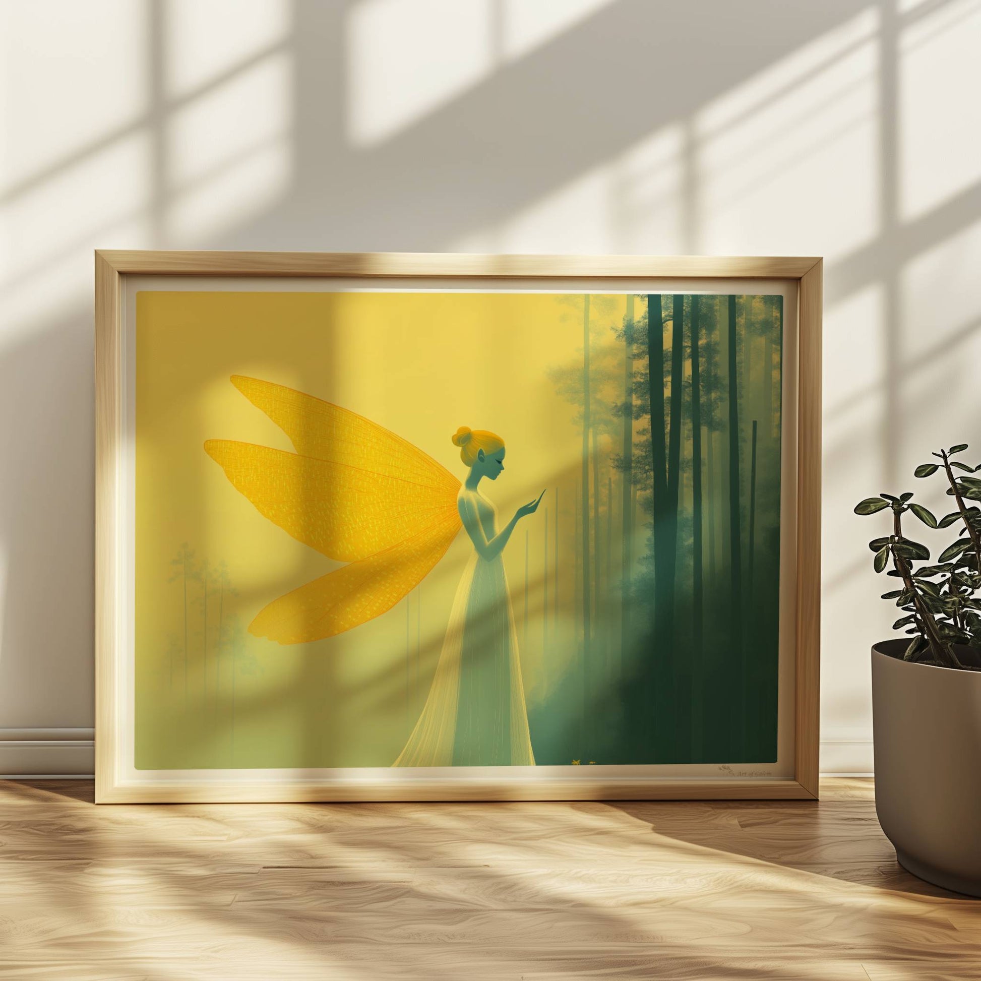 Fee mit großen, goldenen Schmetterlingsflügeln in einem mystischen gelben Wald, elegant und verträumt, im Profil stehend.. Rahmen natur 40x30