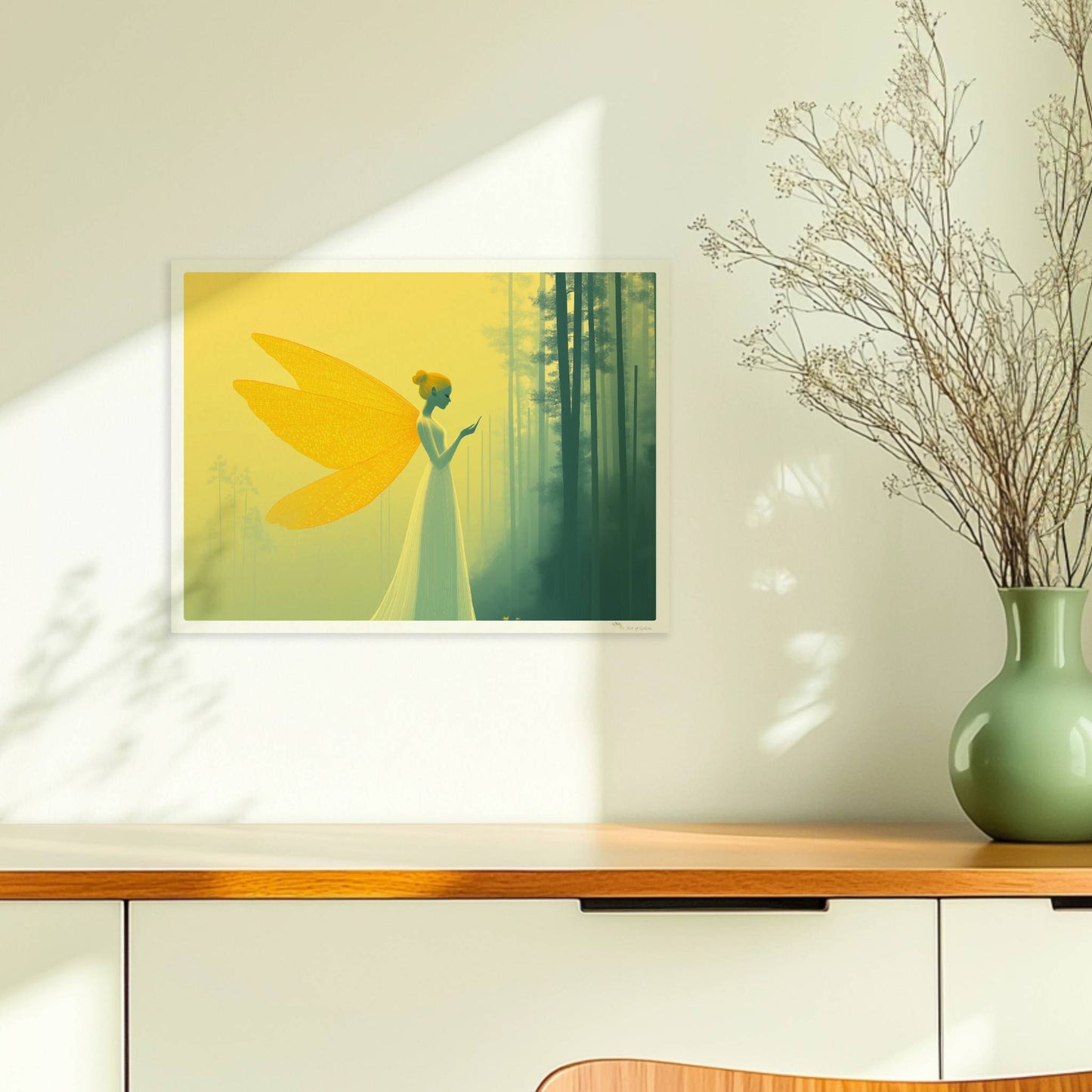 Fee mit großen, goldenen Schmetterlingsflügeln in einem mystischen gelben Wald, elegant und verträumt, im Profil stehend.. Ohne Rahmen 40x30