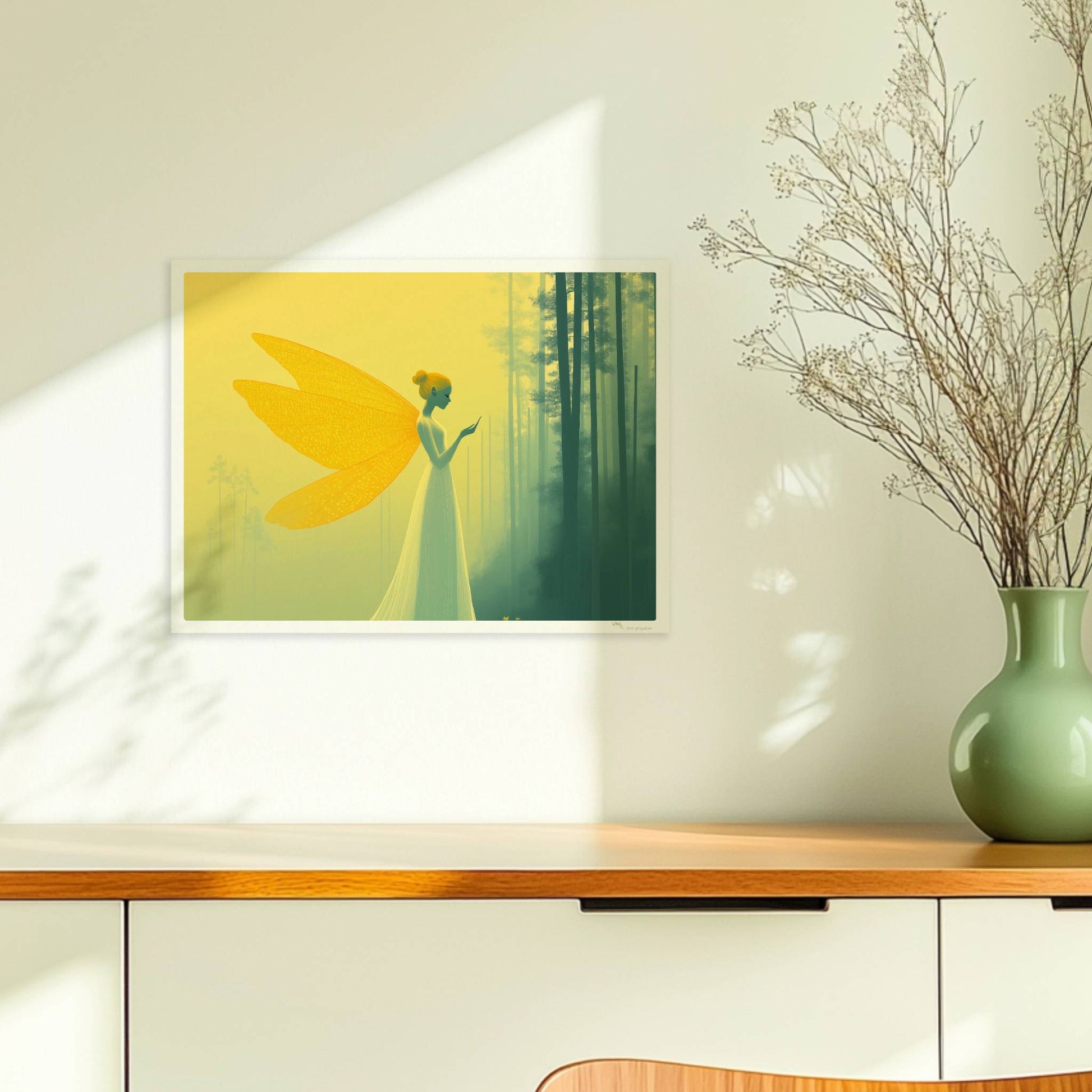 Fee mit großen, goldenen Schmetterlingsflügeln in einem mystischen gelben Wald, elegant und verträumt, im Profil stehend.. Ohne Rahmen 40x30