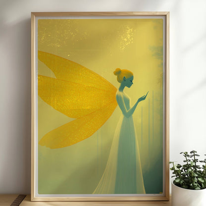 Fee mit großen, goldenen Schmetterlingsflügeln in einem mystischen gelben Wald, elegant und verträumt, im Profil stehend.. Rahmen natur 50x70