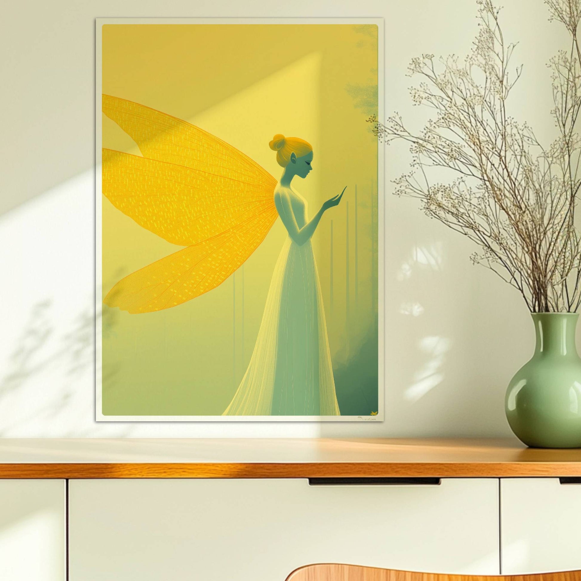 Fee mit großen, goldenen Schmetterlingsflügeln in einem mystischen gelben Wald, elegant und verträumt, im Profil stehend.. Ohne Rahmen 50x70