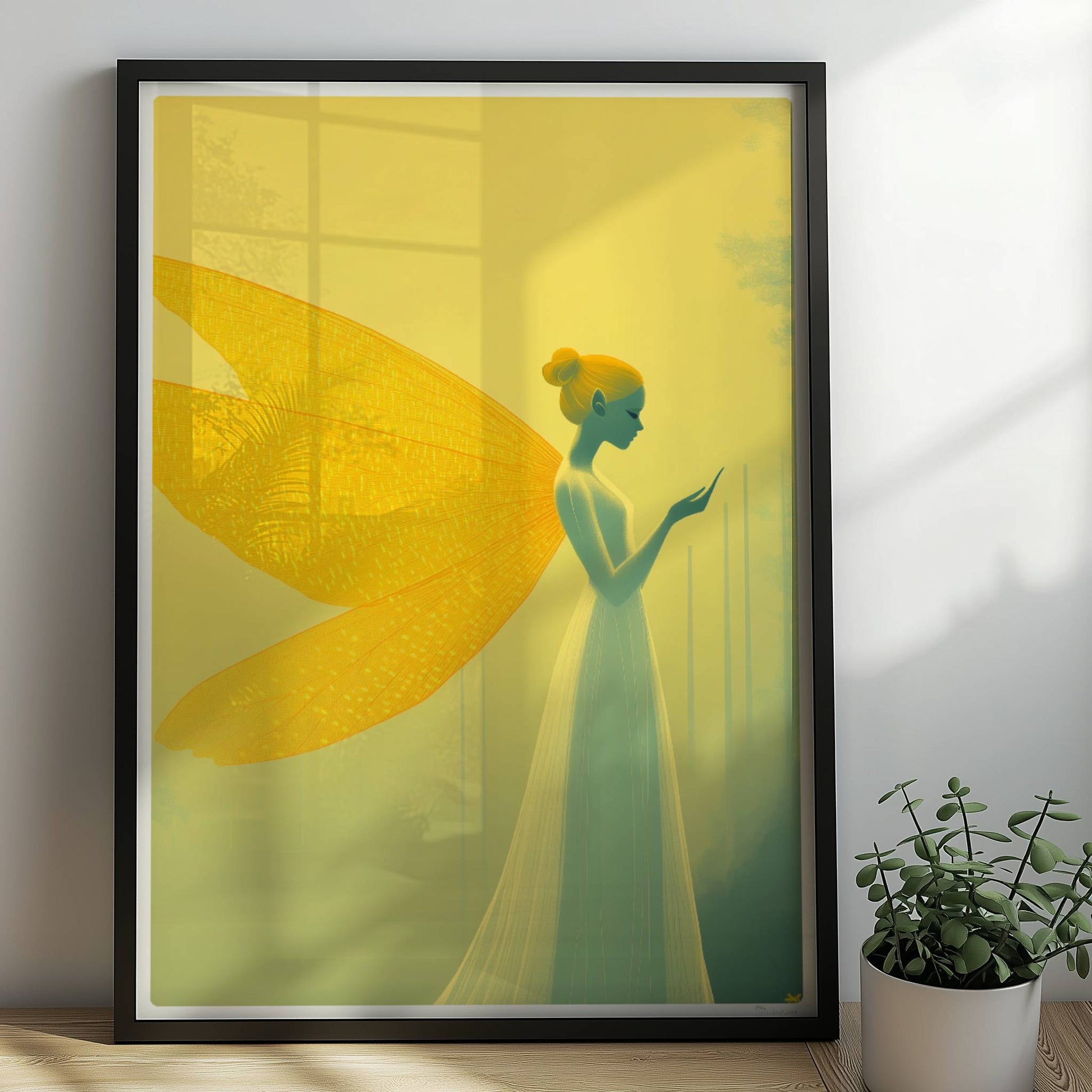 Fee mit großen, goldenen Schmetterlingsflügeln in einem mystischen gelben Wald, elegant und verträumt, im Profil stehend.. Rahmen schwarz 50x70