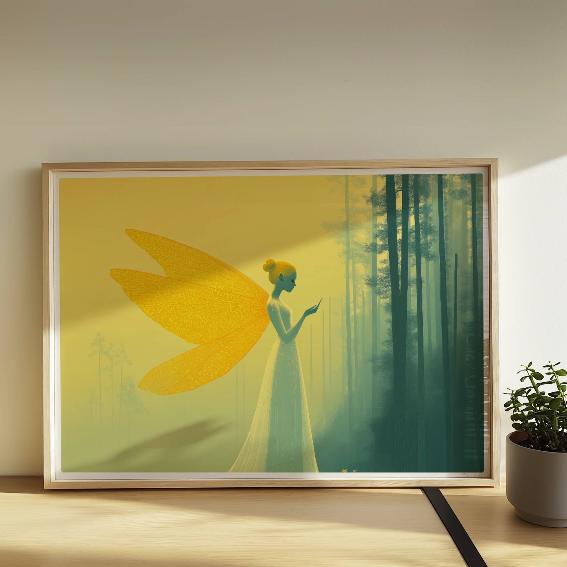 Fee mit großen, goldenen Schmetterlingsflügeln in einem mystischen gelben Wald, elegant und verträumt, im Profil stehend.. Rahmen natur 70x50