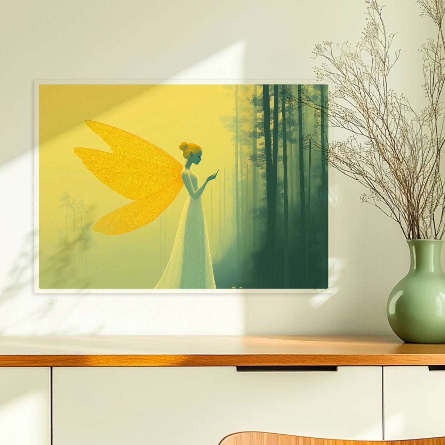 Fee mit großen, goldenen Schmetterlingsflügeln in einem mystischen gelben Wald, elegant und verträumt, im Profil stehend.. Ohne Rahmen 70x50