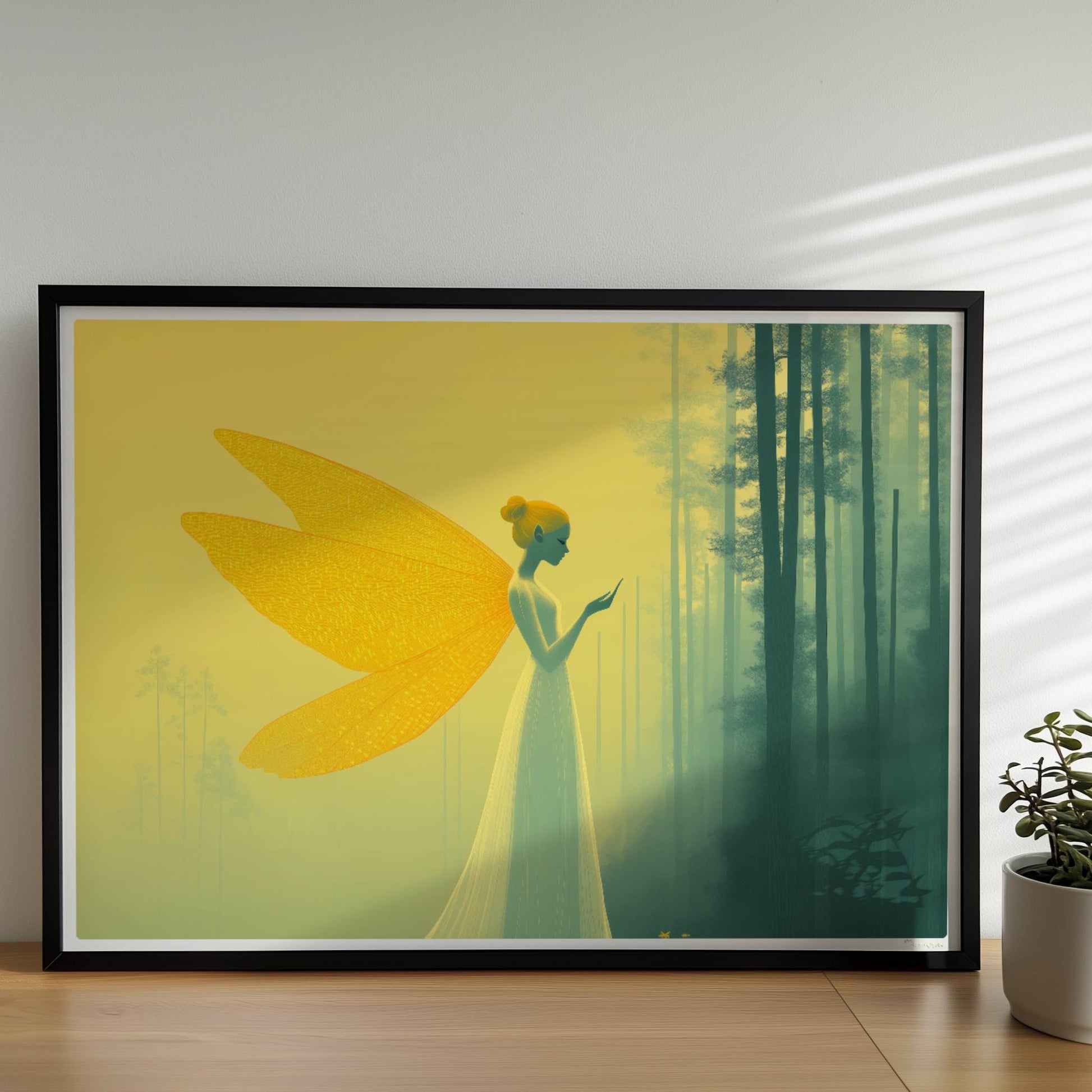 Fee mit großen, goldenen Schmetterlingsflügeln in einem mystischen gelben Wald, elegant und verträumt, im Profil stehend.. Rahmen schwarz 70x50