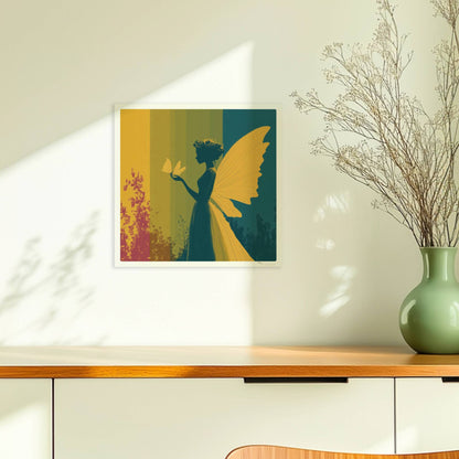 Fee mit gelben Schmetterlingsflügeln, Blumenkranz und Schmetterling auf der Hand vor einem farbigen, geteilten Hintergrund im Wald, verträumt und märchenhaft.. Ohne Rahmen 30x30