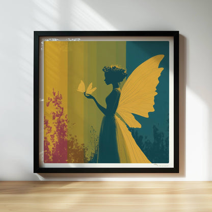 Fee mit gelben Schmetterlingsflügeln, Blumenkranz und Schmetterling auf der Hand vor einem farbigen, geteilten Hintergrund im Wald, verträumt und märchenhaft.. Rahmen schwarz 30x30