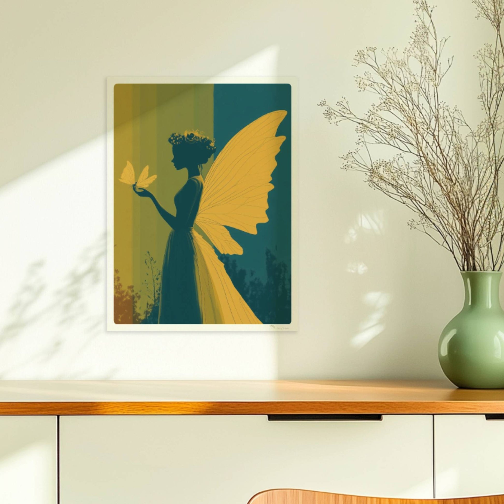 Fee mit gelben Schmetterlingsflügeln, Blumenkranz und Schmetterling auf der Hand vor einem farbigen, geteilten Hintergrund im Wald, verträumt und märchenhaft.. Ohne Rahmen 30x40