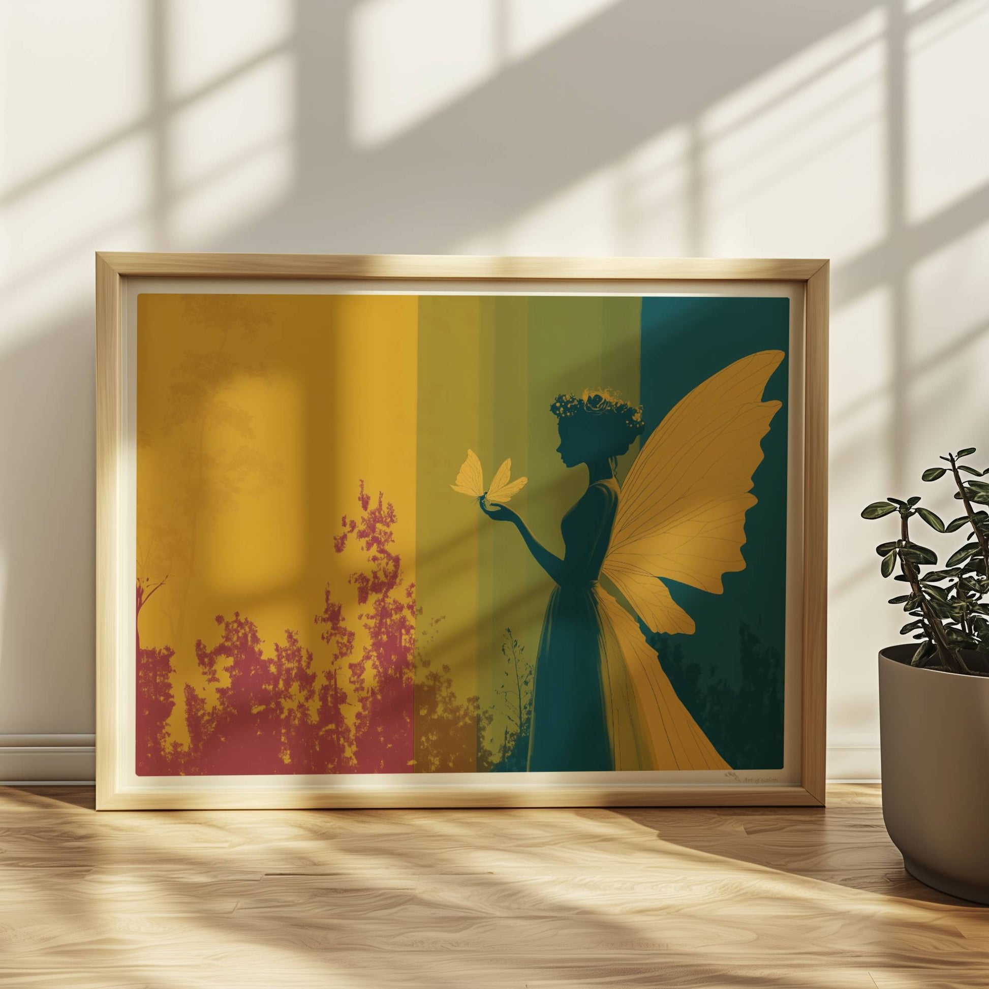 Fee mit gelben Schmetterlingsflügeln, Blumenkranz und Schmetterling auf der Hand vor einem farbigen, geteilten Hintergrund im Wald, verträumt und märchenhaft.. Rahmen natur 40x30