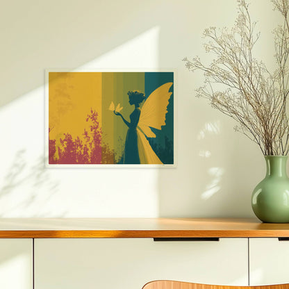 Fee mit gelben Schmetterlingsflügeln, Blumenkranz und Schmetterling auf der Hand vor einem farbigen, geteilten Hintergrund im Wald, verträumt und märchenhaft.. Ohne Rahmen 40x30
