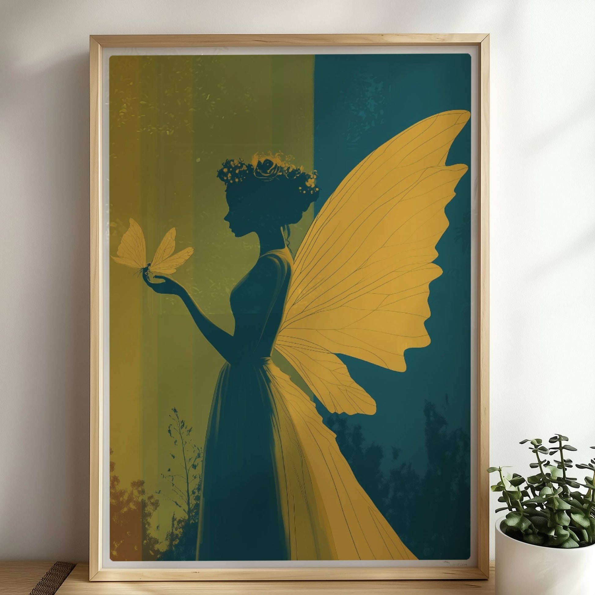 Fee mit gelben Schmetterlingsflügeln, Blumenkranz und Schmetterling auf der Hand vor einem farbigen, geteilten Hintergrund im Wald, verträumt und märchenhaft.. Rahmen natur 50x70