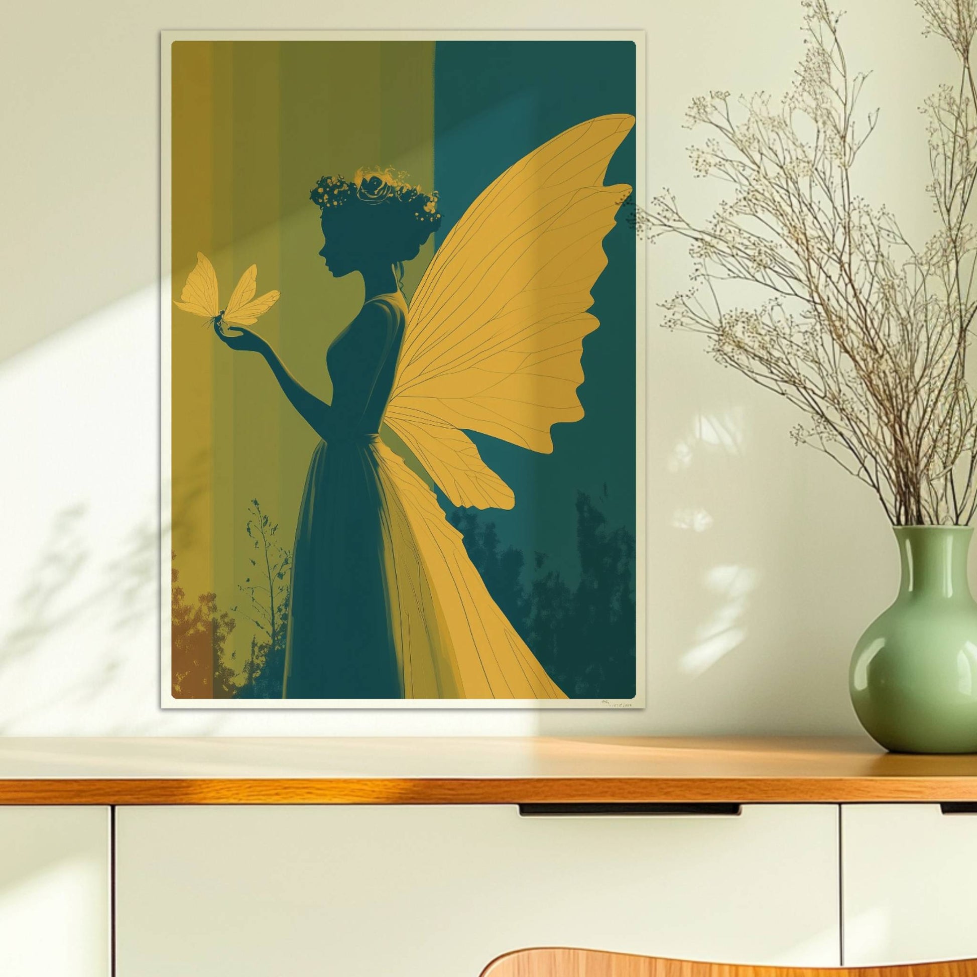 Fee mit gelben Schmetterlingsflügeln, Blumenkranz und Schmetterling auf der Hand vor einem farbigen, geteilten Hintergrund im Wald, verträumt und märchenhaft.. Ohne Rahmen 50x70