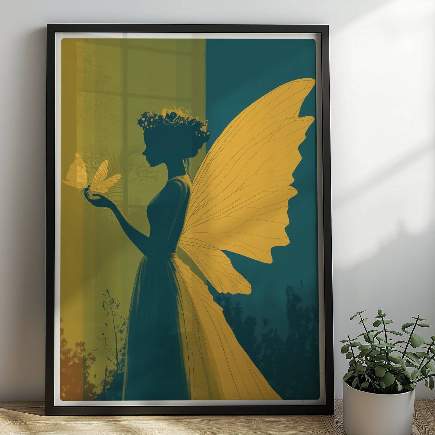 Fee mit gelben Schmetterlingsflügeln, Blumenkranz und Schmetterling auf der Hand vor einem farbigen, geteilten Hintergrund im Wald, verträumt und märchenhaft.. Rahmen schwarz 50x70