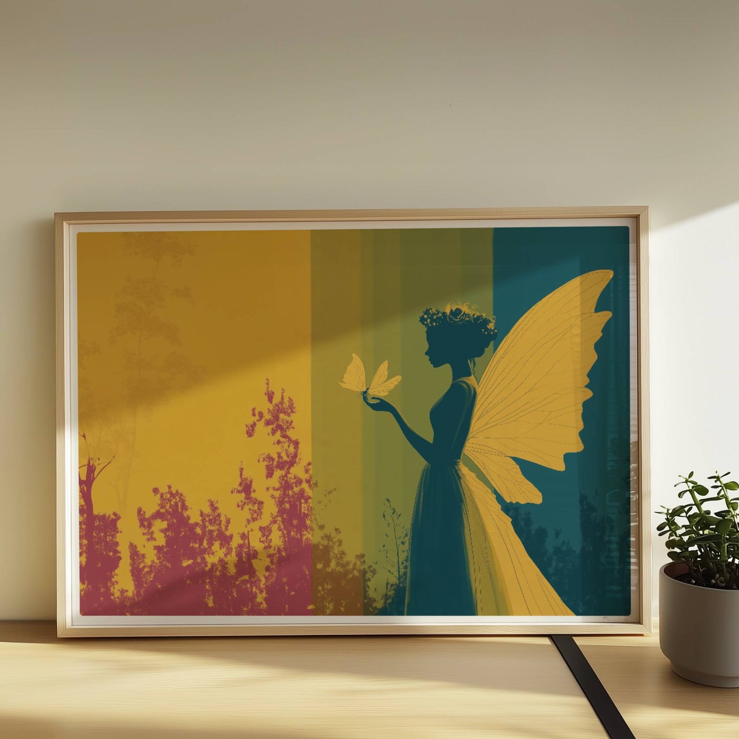 Fee mit gelben Schmetterlingsflügeln, Blumenkranz und Schmetterling auf der Hand vor einem farbigen, geteilten Hintergrund im Wald, verträumt und märchenhaft.. Rahmen natur 70x50