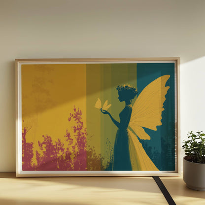 Fee mit gelben Schmetterlingsflügeln, Blumenkranz und Schmetterling auf der Hand vor einem farbigen, geteilten Hintergrund im Wald, verträumt und märchenhaft.. Rahmen natur 70x50