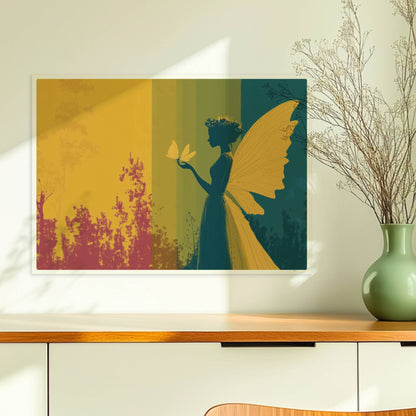 Fee mit gelben Schmetterlingsflügeln, Blumenkranz und Schmetterling auf der Hand vor einem farbigen, geteilten Hintergrund im Wald, verträumt und märchenhaft.. Ohne Rahmen 70x50