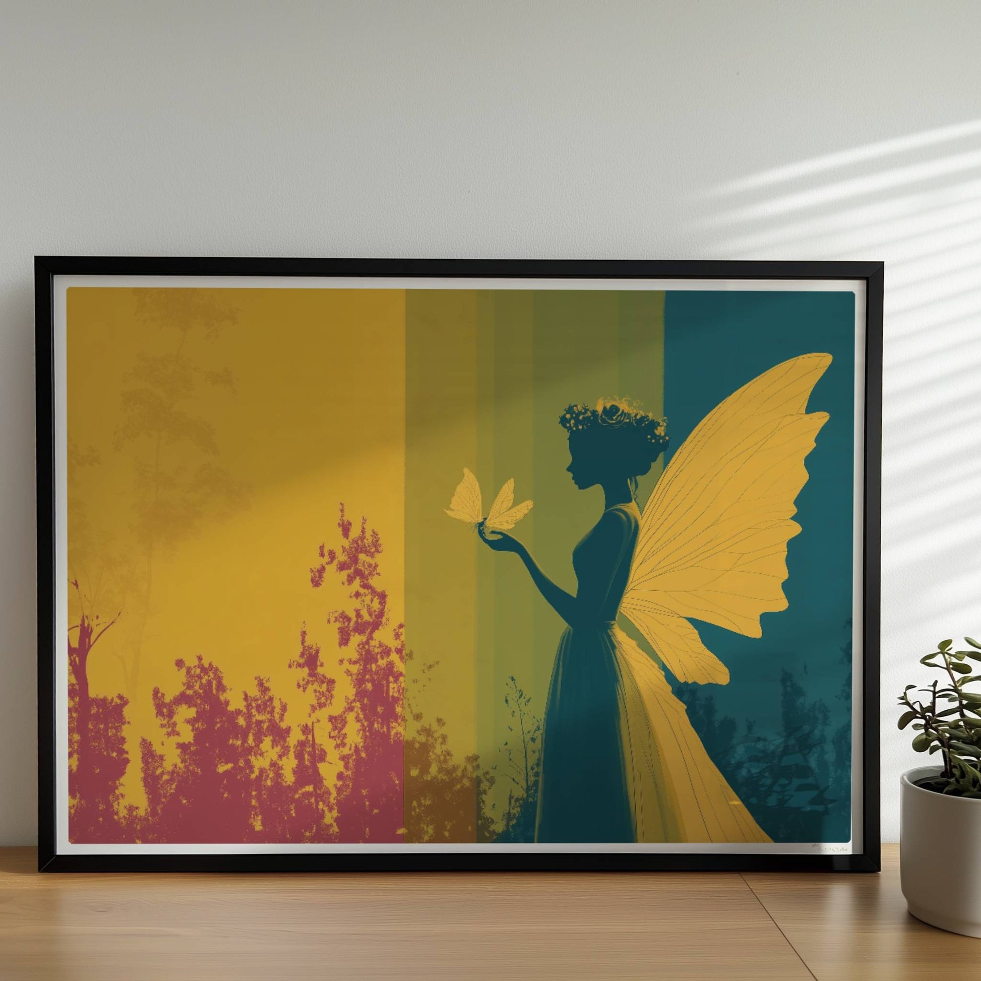 Fee mit gelben Schmetterlingsflügeln, Blumenkranz und Schmetterling auf der Hand vor einem farbigen, geteilten Hintergrund im Wald, verträumt und märchenhaft.. Rahmen schwarz 70x50