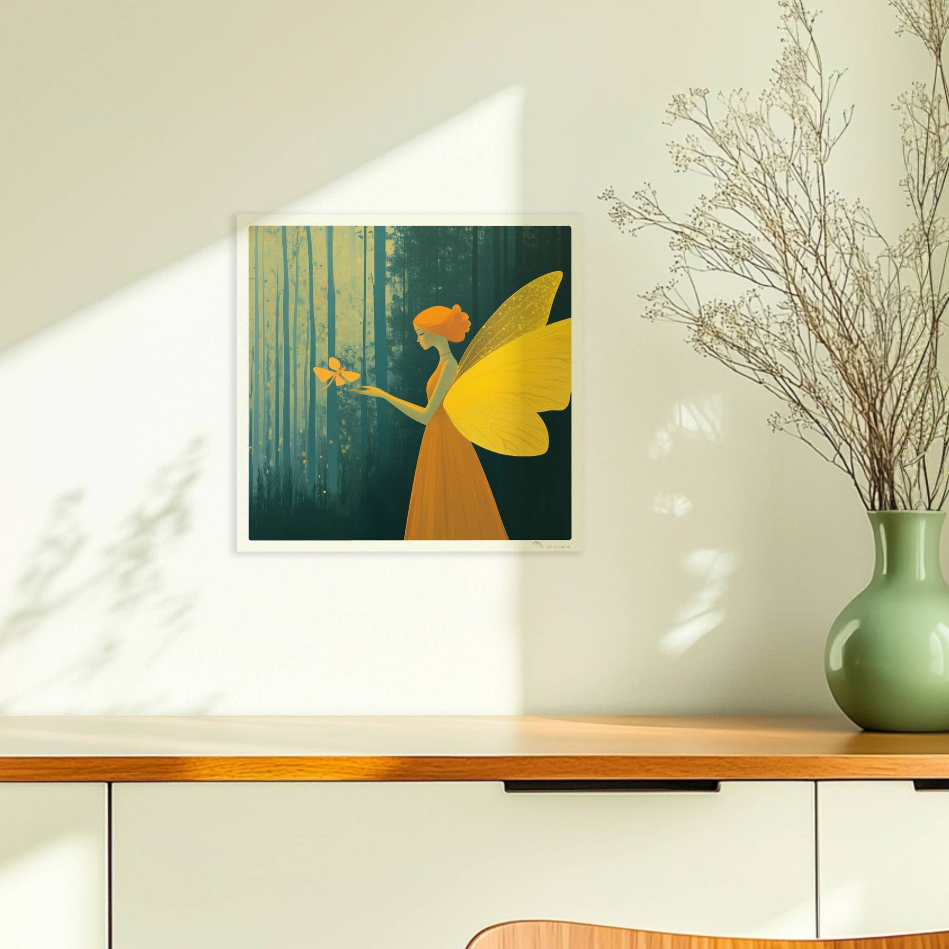 Fee mit goldgelben Schmetterlingsflügeln und orangefarbenem Kleid, hält einen Schmetterling im verträumten Märchenwald, Licht fällt durch hohe Bäume.. Ohne Rahmen 30x30
