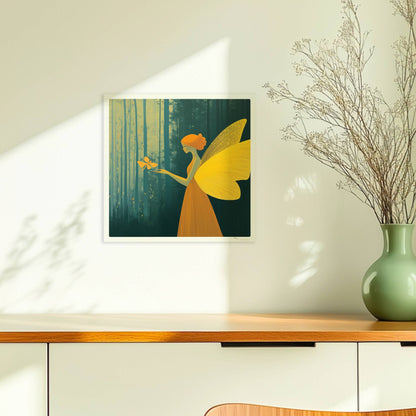 Fee mit goldgelben Schmetterlingsflügeln und orangefarbenem Kleid, hält einen Schmetterling im verträumten Märchenwald, Licht fällt durch hohe Bäume.. Ohne Rahmen 30x30