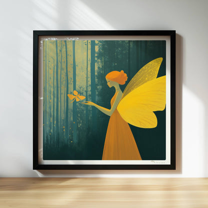 Fee mit goldgelben Schmetterlingsflügeln und orangefarbenem Kleid, hält einen Schmetterling im verträumten Märchenwald, Licht fällt durch hohe Bäume.. Rahmen schwarz 30x30