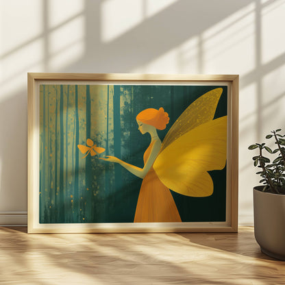 Fee mit goldgelben Schmetterlingsflügeln und orangefarbenem Kleid, hält einen Schmetterling im verträumten Märchenwald, Licht fällt durch hohe Bäume.. Rahmen natur 40x30