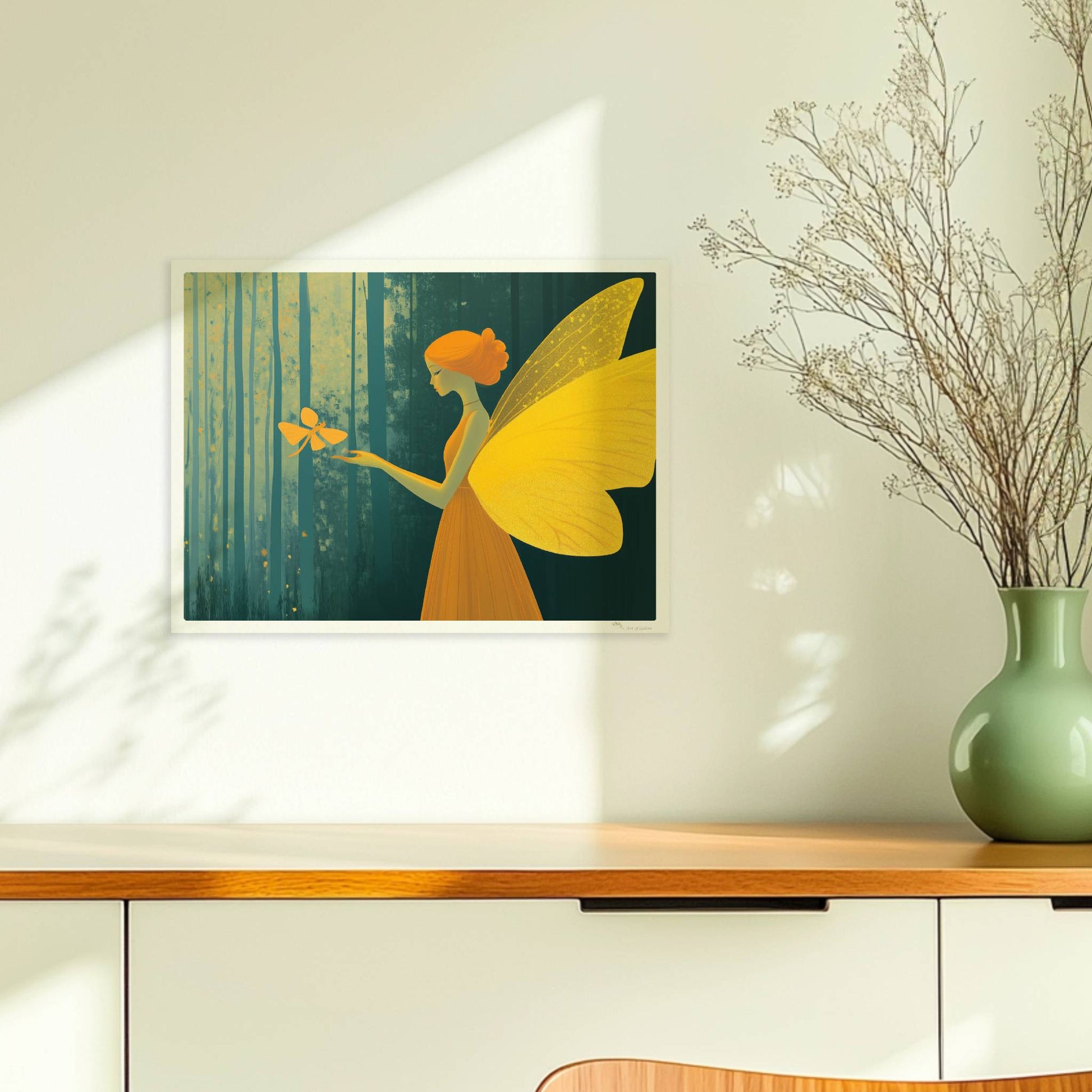 Fee mit goldgelben Schmetterlingsflügeln und orangefarbenem Kleid, hält einen Schmetterling im verträumten Märchenwald, Licht fällt durch hohe Bäume.. Ohne Rahmen 40x30