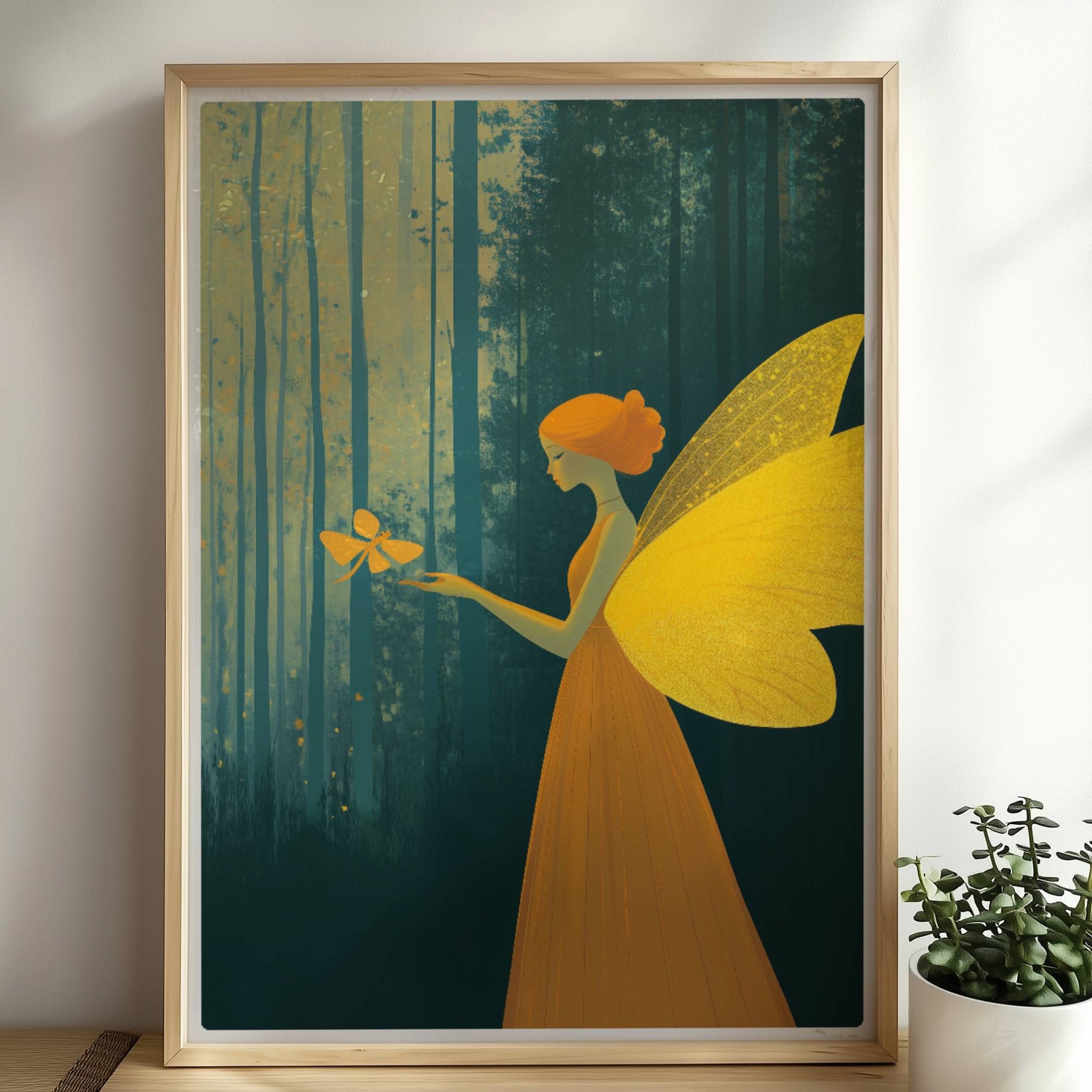 Fee mit goldgelben Schmetterlingsflügeln und orangefarbenem Kleid, hält einen Schmetterling im verträumten Märchenwald, Licht fällt durch hohe Bäume.. Rahmen natur 50x70