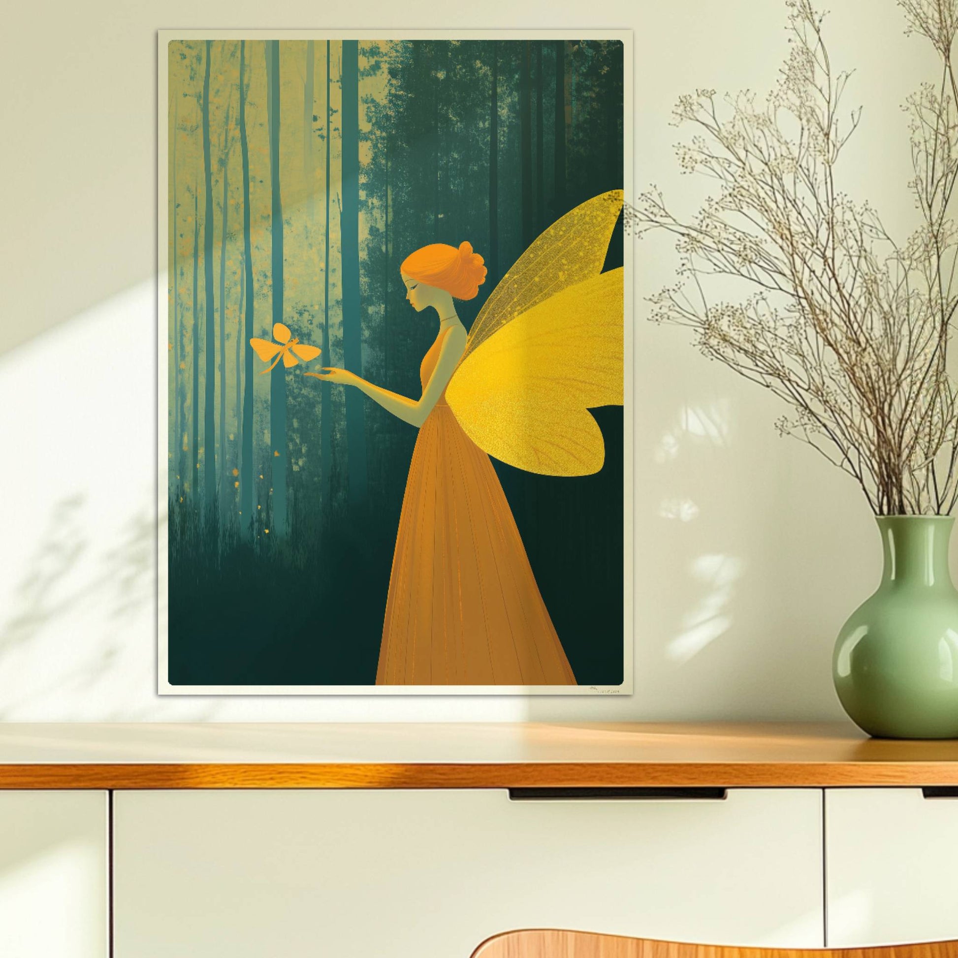Fee mit goldgelben Schmetterlingsflügeln und orangefarbenem Kleid, hält einen Schmetterling im verträumten Märchenwald, Licht fällt durch hohe Bäume.. Ohne Rahmen 50x70