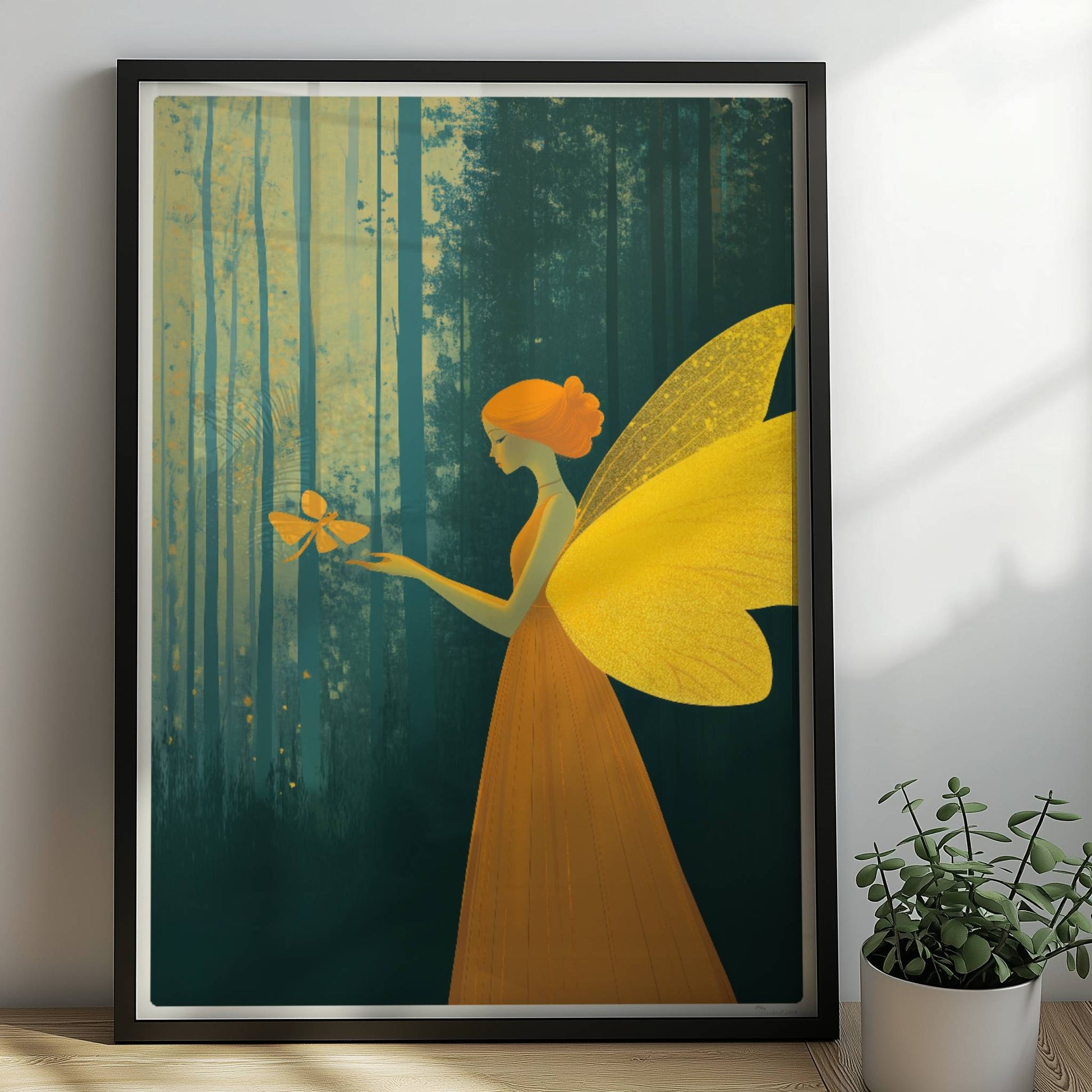 Fee mit goldgelben Schmetterlingsflügeln und orangefarbenem Kleid, hält einen Schmetterling im verträumten Märchenwald, Licht fällt durch hohe Bäume.. Rahmen schwarz 50x70