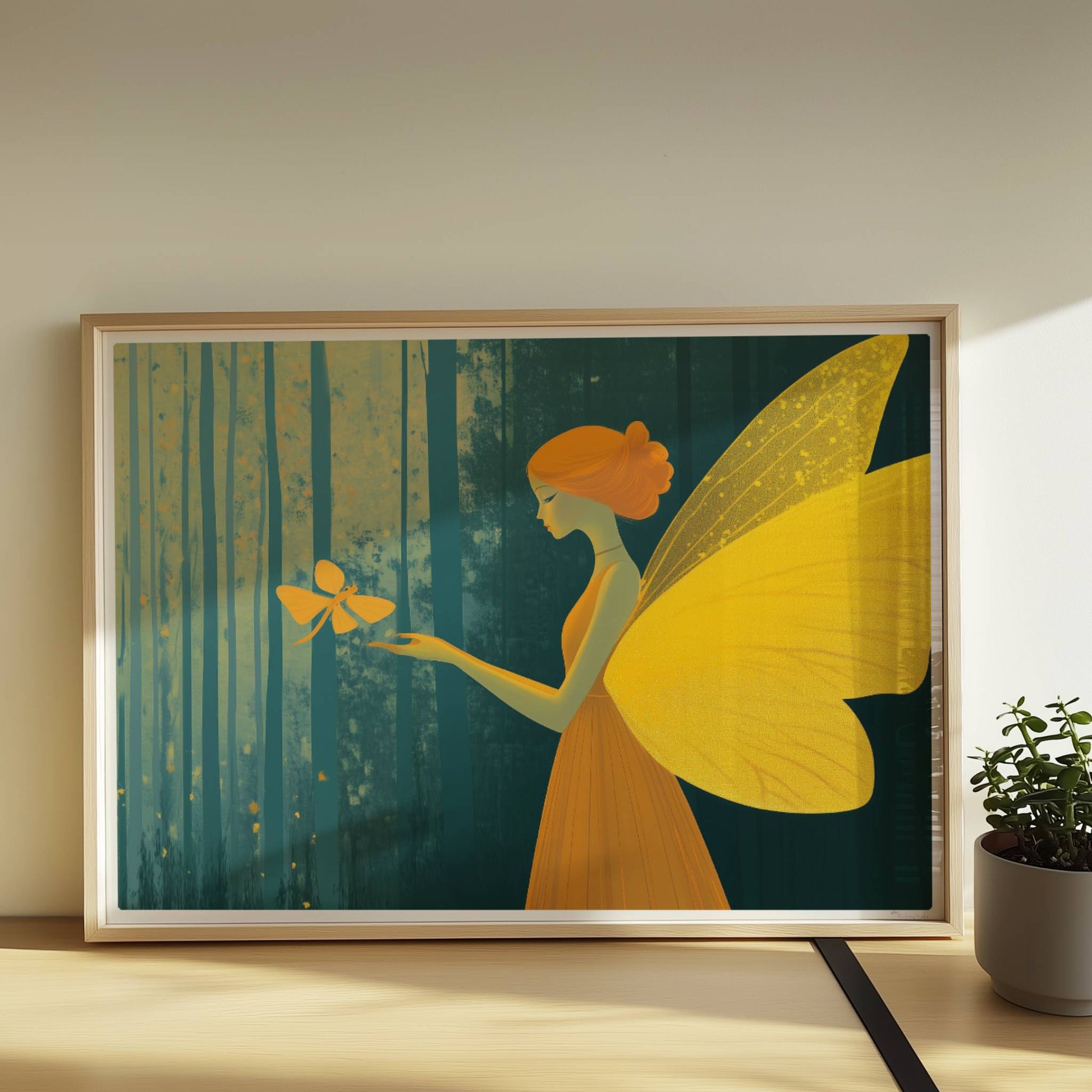 Fee mit goldgelben Schmetterlingsflügeln und orangefarbenem Kleid, hält einen Schmetterling im verträumten Märchenwald, Licht fällt durch hohe Bäume.. Rahmen natur 70x50