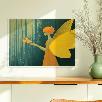 Fee mit goldgelben Schmetterlingsflügeln und orangefarbenem Kleid, hält einen Schmetterling im verträumten Märchenwald, Licht fällt durch hohe Bäume.. Ohne Rahmen 70x50