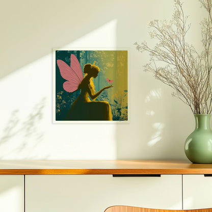 Fee mit rosa Schmetterlingsflügeln sitzt verträumt im sonnendurchfluteten Märchenwald, ein rosa Schmetterling landet auf ihrer Hand, umgeben von Blumen.. Ohne Rahmen 30x30