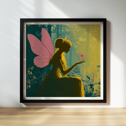 Fee mit rosa Schmetterlingsflügeln sitzt verträumt im sonnendurchfluteten Märchenwald, ein rosa Schmetterling landet auf ihrer Hand, umgeben von Blumen.. Rahmen schwarz 30x30